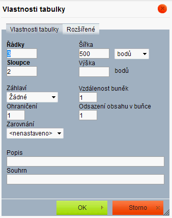 Dialog pro vložení tabulky - CKEditor
